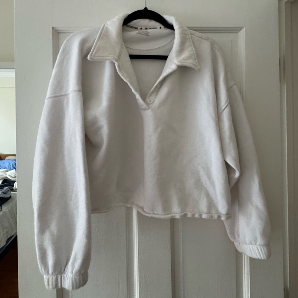 Aerie White Collared Cropped Sweatshirt